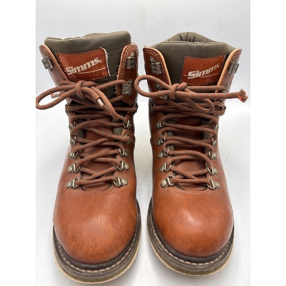Simms Freestone Fly Fishing Boots Brown Green Leather Felt Soles Mens Size 9 - Picture 1 of 10